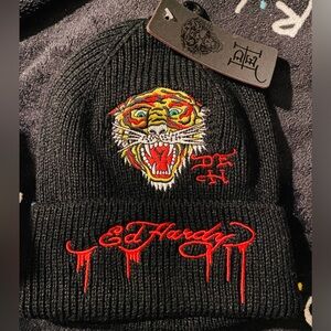 Ed Hardy Beanie Black Roaring Tiger Dripping Signature NWT